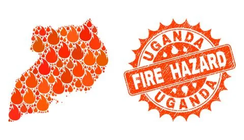Composition of Map of Uganda Burning and Fire Hazard Grunge Stamp Seal Stock Illustration