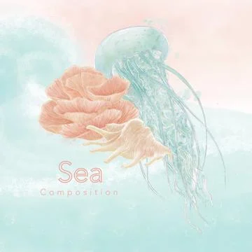 Composition on a marine theme, jellyfish, corals and a shell on a beautiful b Stock Illustration