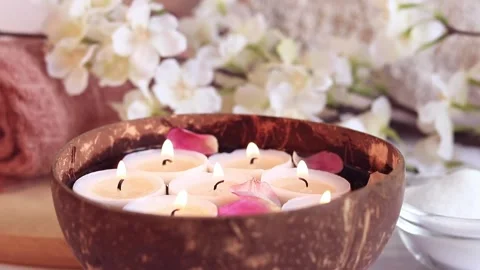 Composition for massage therapy. Relaxing spa background with candles Stock Footage 234797065