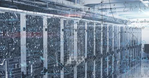 Composition of mathematical equations and computer circuit board over server Stock Illustration