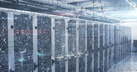 Composition of mathematical equations and computer circuit board over server Illustrazione stock