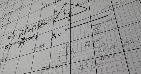 Composition of mathematical equations over lines on white background Stock Illustration