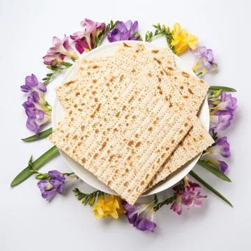 Composition of matzo and flowers on light background, top view. Passover (Pes Stock Photos