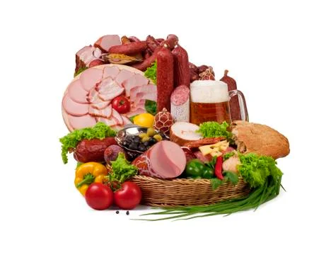 A composition of meat and vegetables with beer Stock Photos