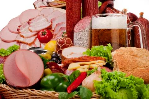 A composition of meat and vegetables with beer Stock Photos