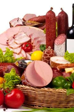 A composition of meat and vegetables with wine Stock Photos