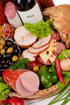 A composition of meat and vegetables with wine Stock Photos