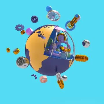 Composition of mechanical elements from which the planet is designed. 3D Stock Illustration