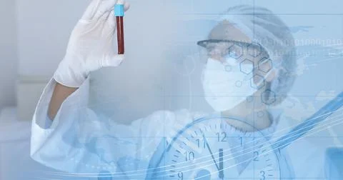 Composition of medical data processing over doctor in ppe suit holding blood Foto stock