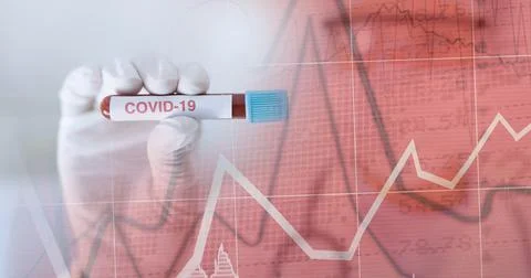 Composition of medical data processing over doctor holding covid 19 tube with Foto stock