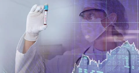 Composition of medical data processing over in face mask and covid 19 tube blood Foto stock