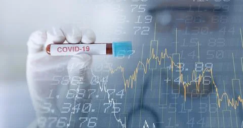 Composition of medical data processing over in face mask and covid 19 tube blood Foto stock