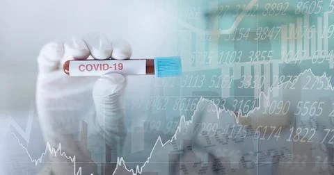 Composition of medical data processing over in face mask and covid 19 tube blood Foto stock