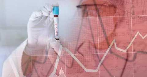 Composition of medical data processing over in face mask and covid 19 tube blood 스톡 사진