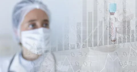 Composition of medical data processing over in face mask and covid 19 tube blood 스톡 사진