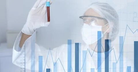 Composition of medical data processing over in face mask holding blood sample Stock Photos
