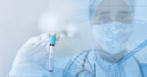 Composition of medical data processing over in face mask and covid 19 tube blood Foto stock