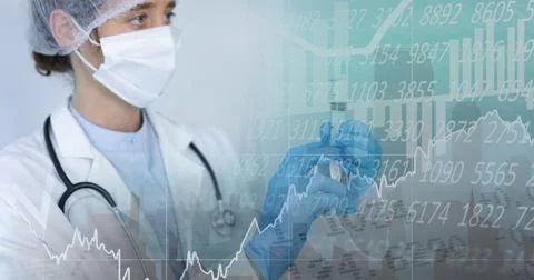 Composition of medical data processing over doctor in face mask with syringe Foto stock