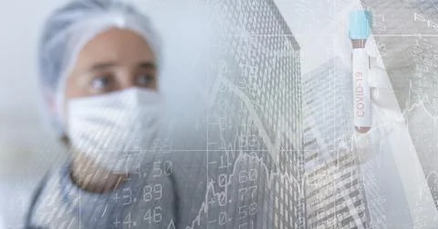 Composition of medical data processing over in face mask and covid 19 tube blood Foto stock