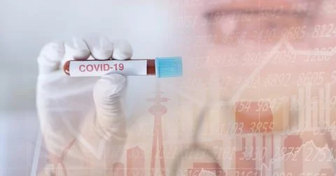 Composition of medical data processing over in face mask and covid 19 tube blood Foto stock