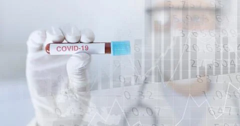 Composition of medical data processing over in face mask and covid 19 tube blood Foto stock