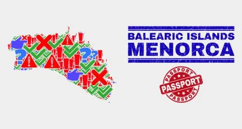 Composition of Menorca Island Map Symbol Mosaic and Scratched Passport Stamp Stock Illustration