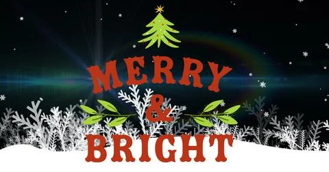 Composition of merry and bright text over snowflakes on black background at Illustrazione stock