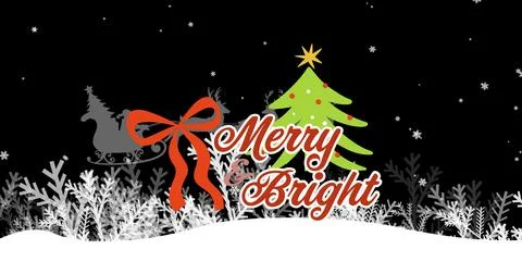 Composition of merry and bright text over santa in sleigh with reindeer and Ilustração Stock