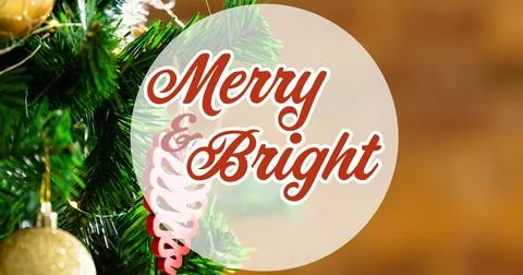 Composition of merry and bright text over baubles on christmas tree Stock Illustration