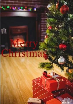 Composition of merry christmas text over christmas tree and decorations 스톡 사진