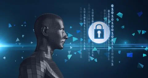 Composition of metallic human bust, binary coding and online security padlock Stockillustratie