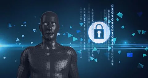 Composition of metallic human bust, binary coding and online security padlock Stockillustratie