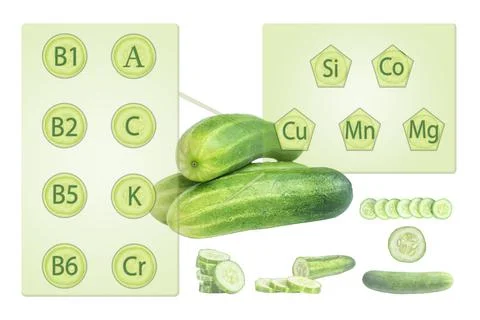 Composition of minerals and vitamins in cucumbers with tables Stock Photos