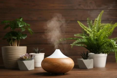 Composition with modern essential oil diffuser on wooden table against brown  Stock Photos
