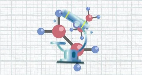 Composition of molecules and microscope over lines on white background 스톡 일러스트