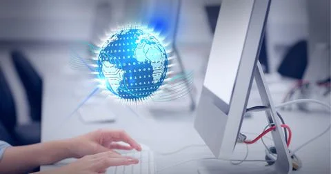 Composition of motherboard and binary globe over hands of woman using computer Foto stock