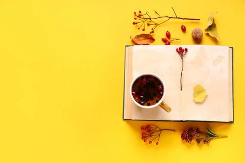 Composition with mug of berry tea, leaves and opened book on yellow backgroun Stock Photos