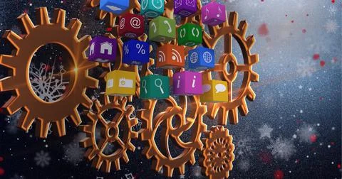 Composition of multi coloured digital icons and yellow cogs on blue background Illustrazione stock