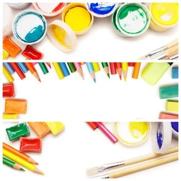 Composition of multicolored drawing instruments over white background Foto stock