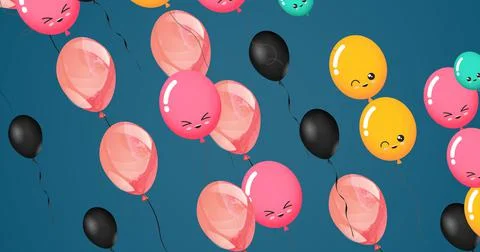 Composition of multiple black, pink and yellow balloons with faces on blue Stockillustratie