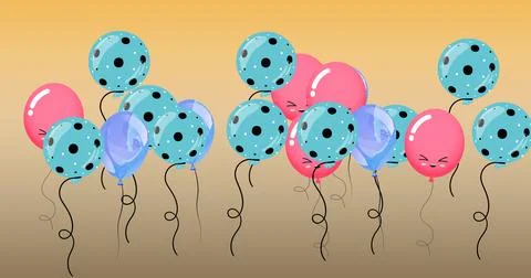 Composition of multiple blue and pink balloons with faces on yellow background Stockillustratie