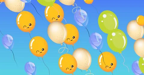 Composition of multiple blue and yellow balloons with faces on blue background Stockillustratie
