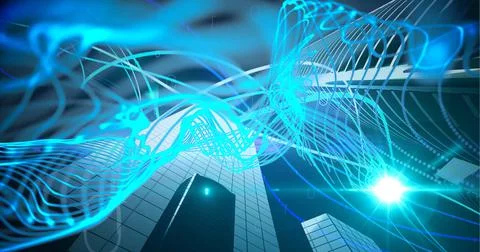 Composition of multiple blue electric light trails over computer servers Stock Illustration