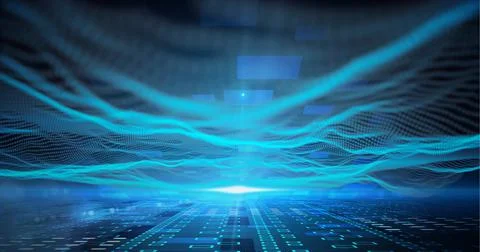 Composition of multiple blue electric light trails over blue squares and binary Illustrazione stock