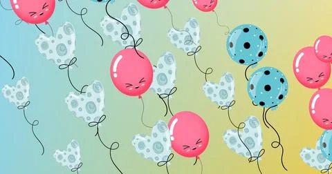 Composition of multiple blue, pink balloons with faces on blue background Stockillustratie