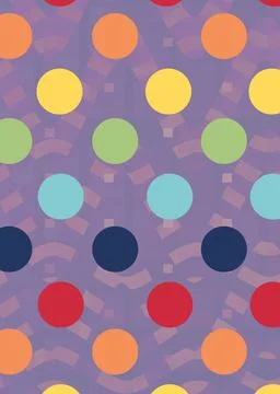 Composition of multiple colourful spots over pattern on purple background 库存插图