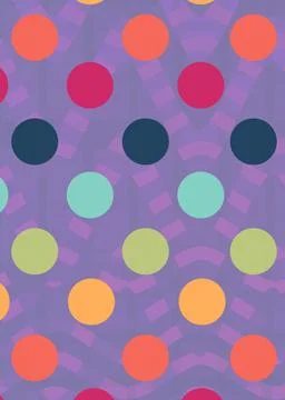 Composition of multiple colourful spots over pattern on purple background Stock Illustration