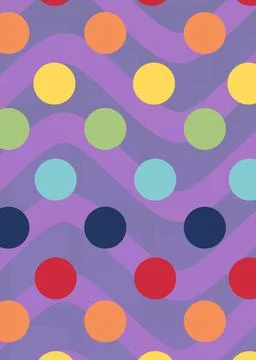 Composition of multiple colourful spots over wave pattern on purple background 库存插图