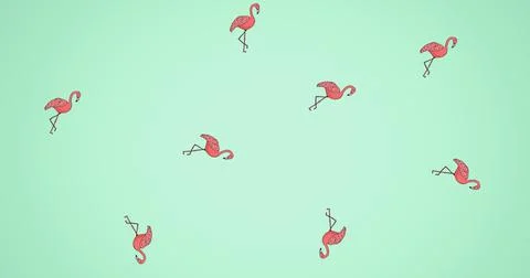 Composition of multiple flamingos on green background Illustrazione stock