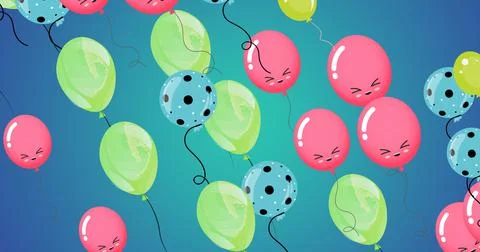 Composition of multiple green and pink balloons with faces on blue background Stockillustratie